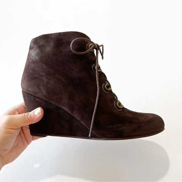 Stuart Weitzman Dark Brown Suede Lace Up Wedge‎ Ankle Boot Women’s Size 10 Fall - Picture 2 of 11